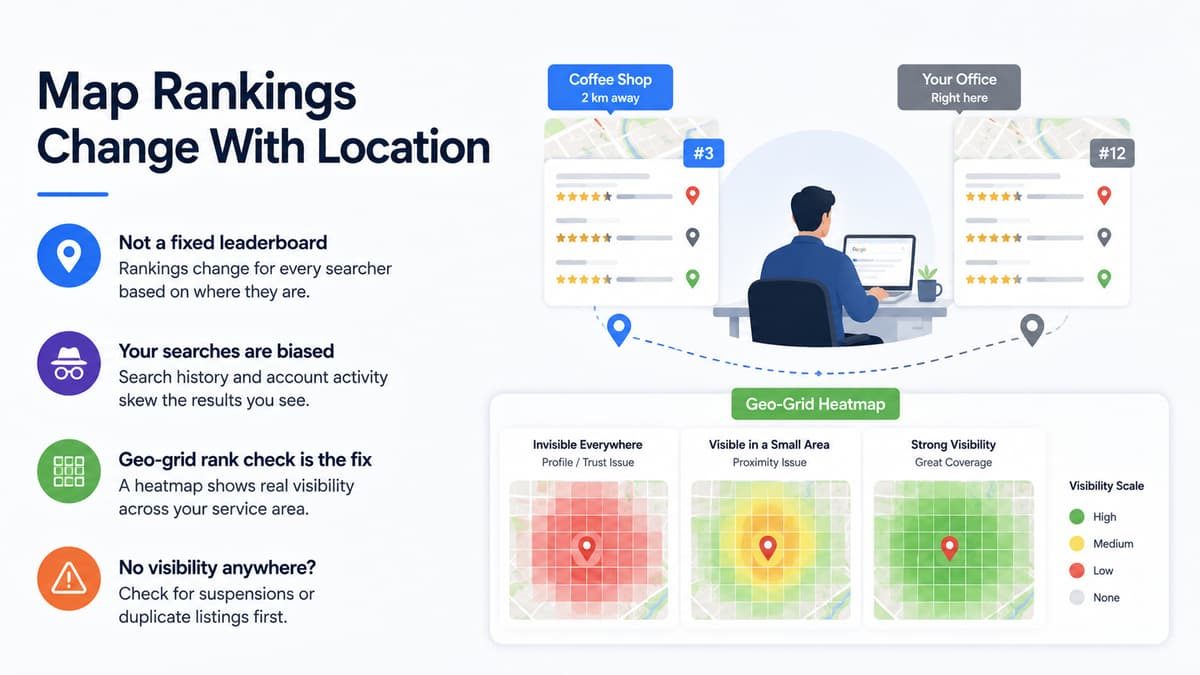 Infographic explaining how map rankings change with search location, featuring a geo-grid heatmap for local SEO.