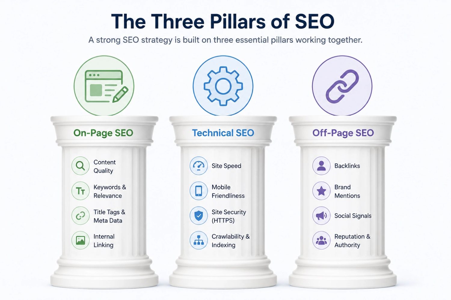 Three pillars of SEO strategy infographic showing the core elements of On-Page SEO, Technical SEO, and Off-Page SEO.