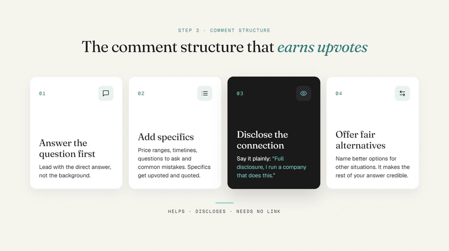 Four-part Reddit comment structure: answer the question first, add specifics, disclose the connection, offer fair alternatives.