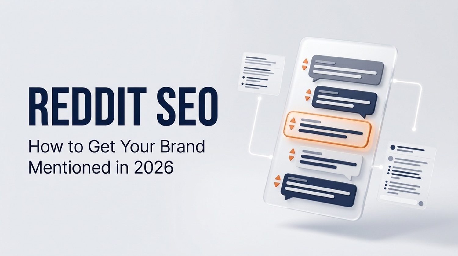 Graphic reading “Reddit SEO: How to Get Your Brand Mentioned in 2026” with illustrated online comments.