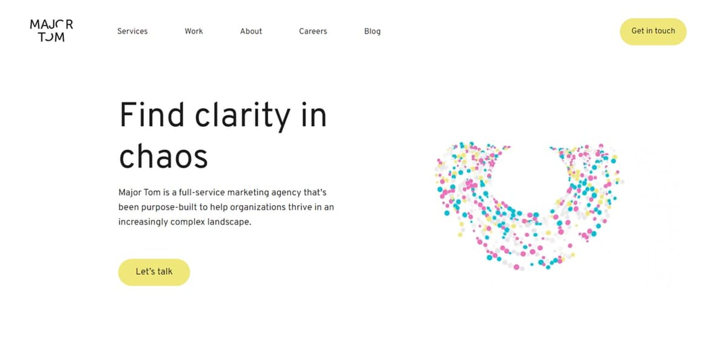 Major Tom marketing agency homepage featuring headline Find clarity in chaos and colorful particle graphic.
