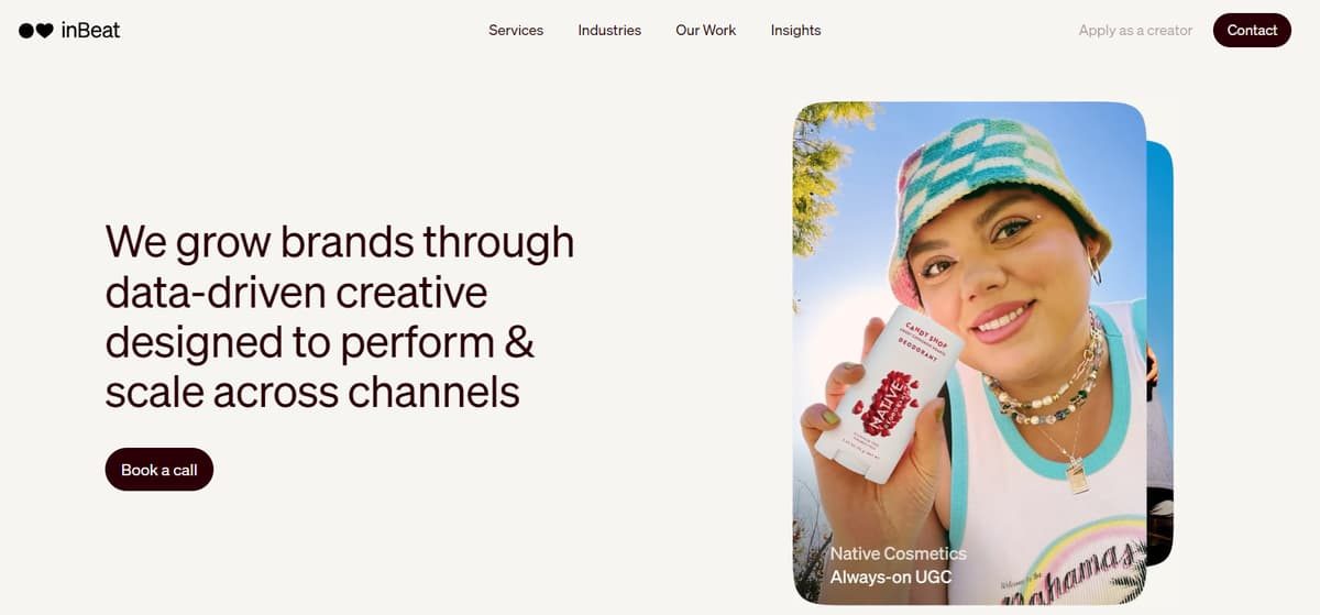 inBeat agency homepage showcasing data-driven creative services alongside a Native deodorant UGC campaign.