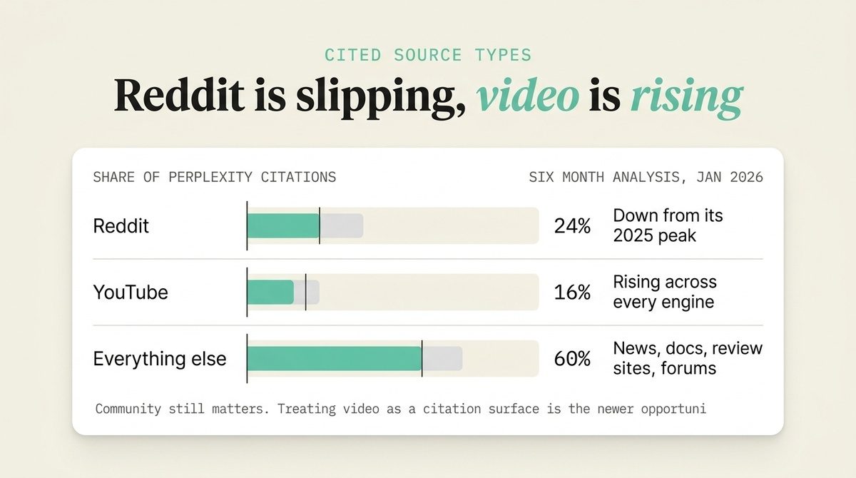 Chart showing Perplexity citations: Reddit 24%, YouTube 16%, and other sources 60%.