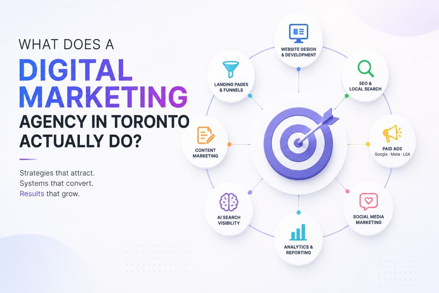 Diagram showing services of a Toronto digital marketing agency: SEO, web design, paid ads, content, and analytics.